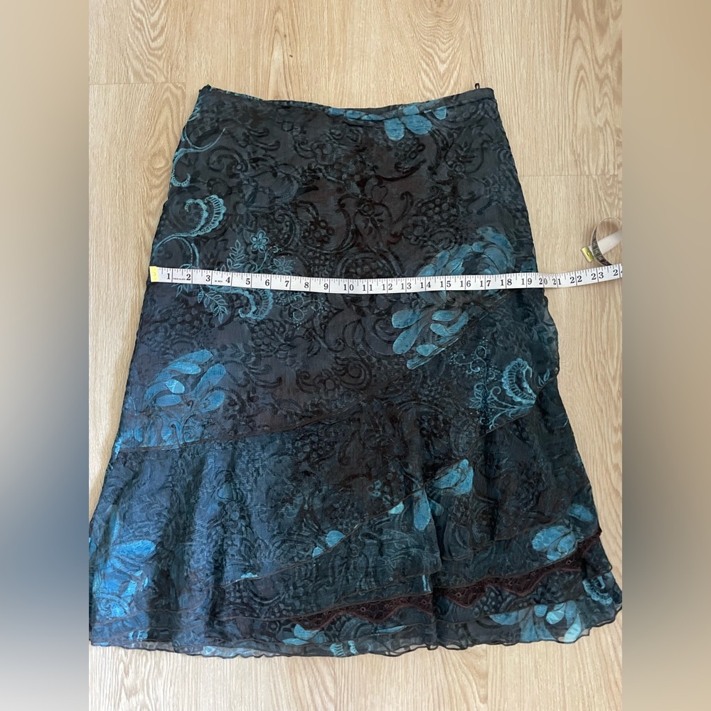 Floral Chiffon Ruffle Skirt Brown Teal S8 - Picture 10 of 15